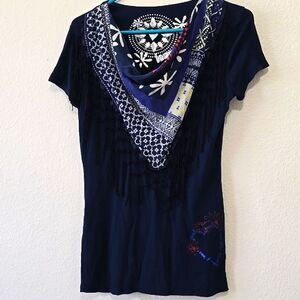 Desigual Navy Blue Fringe Tee M